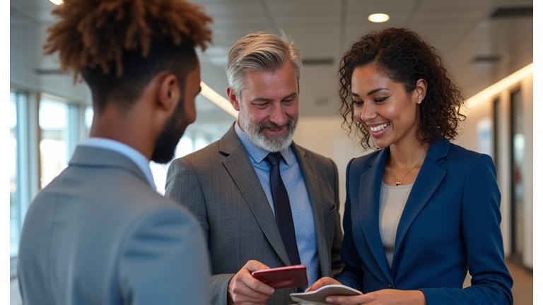 People discussing car financing options at a bank