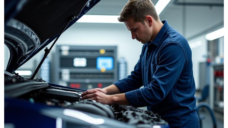 Mechanic working on a car in a clean auto workshop