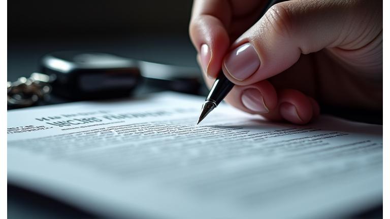 Car insurance policy document being signed